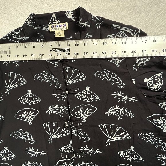 Nomadic Traders Womens Black Fan Print Mandarin Collar Button-Up Blouse Medium - Picture 5 of 7